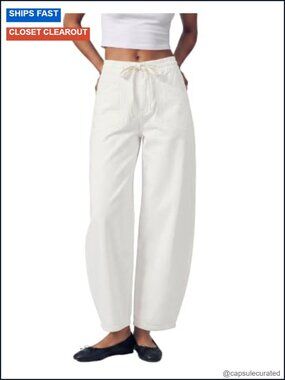 High Waisted Barrel Leg Jeans with Elastic Waist Drawstring